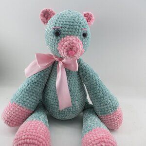 20" Green and Pink Amigurumi Crochet Handmade Bear, unique for Dad, Mom, Baby.